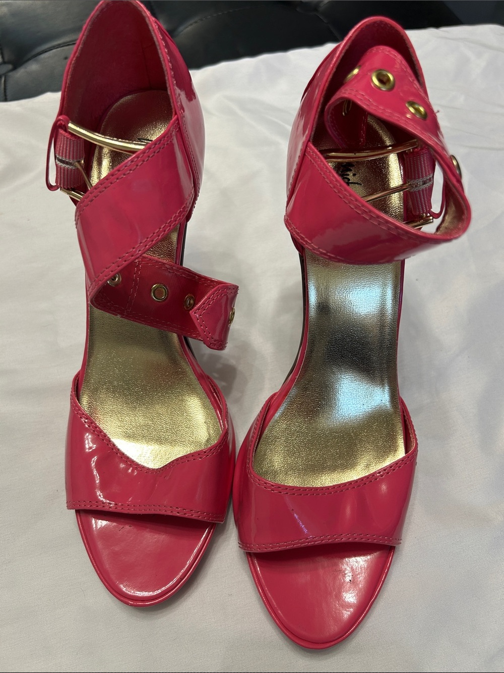 Michael Antonio Patent Hot Pink Heeled Sandals with Gold Hardware